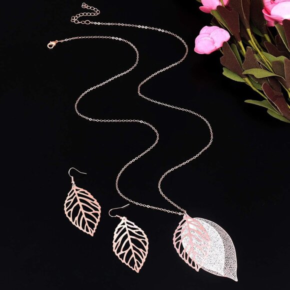 Leaf Earrings and Long Necklaces Set for Women Boho Gold-tone Multi Tiered Leave - Picture 5 of 6